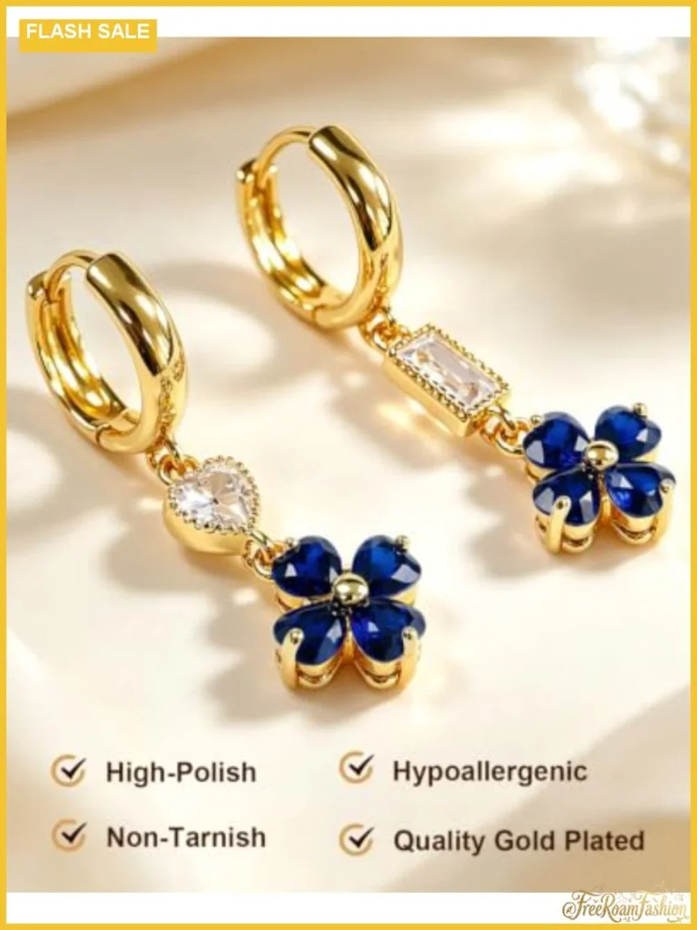 18K Gold Plated Four Leaf Clover Dangle Earrings Crystal Charm